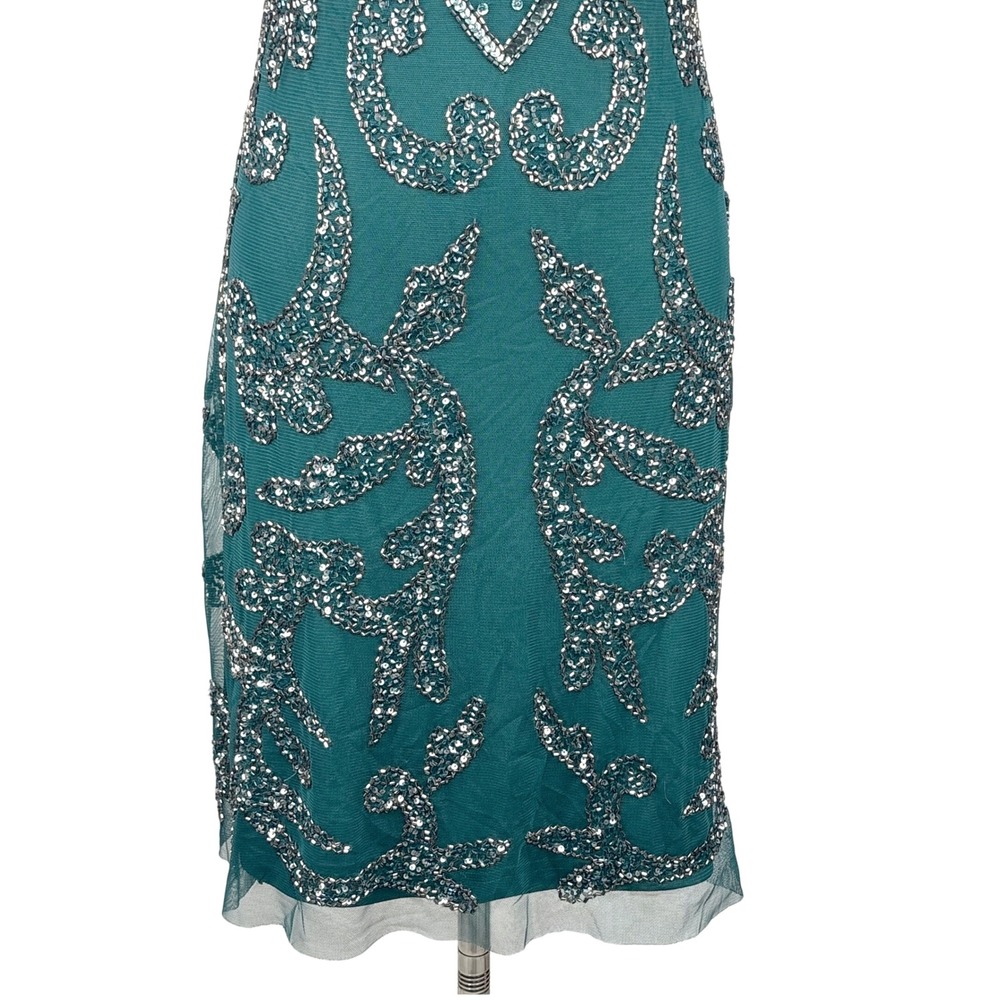 Adrianna Papell Sheath Dress Emerald Green Beaded Sequin Art Deco Women 4 - Picture 9 of 16